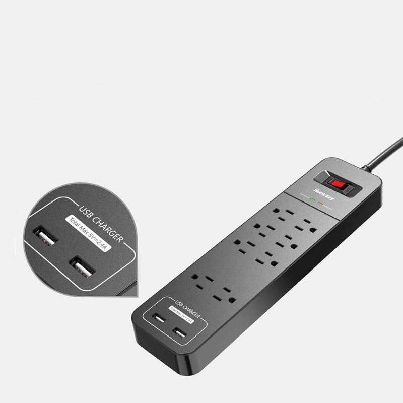 Huntkey 3 x SMC807 Power Strip with 8 Standard American Sockets, 2 5V/2.4A USB Ports, and 6 Foot Heavy Duty Cord, Black (3 Pack)