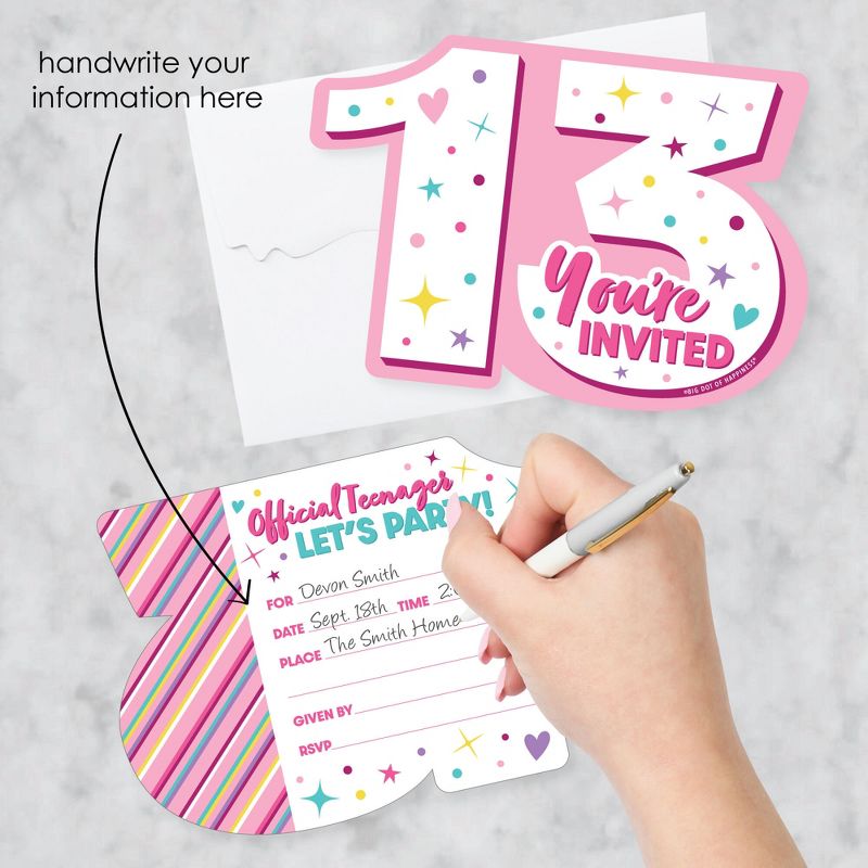 Big Dot of Happiness Girl 13th Birthday - Shaped Fill-In Invitations - Official Teenager Birthday Party Invitation Cards with Envelopes - Set of 12