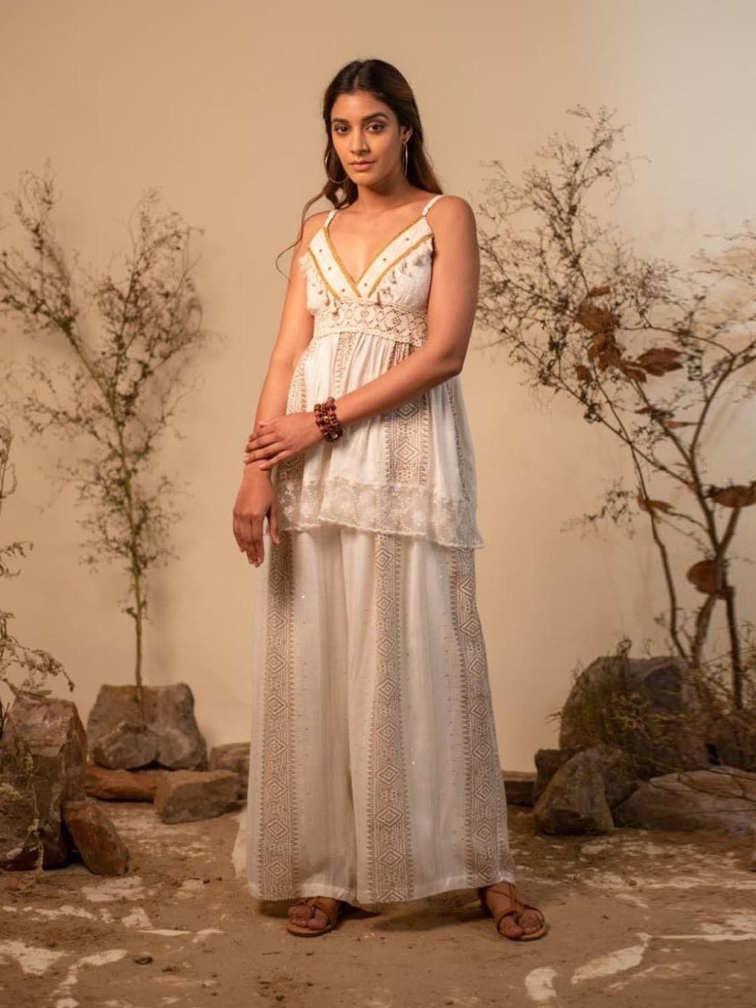 LABEL REYYA Boho Off White Lace Co-ord Set (Set Of 2)