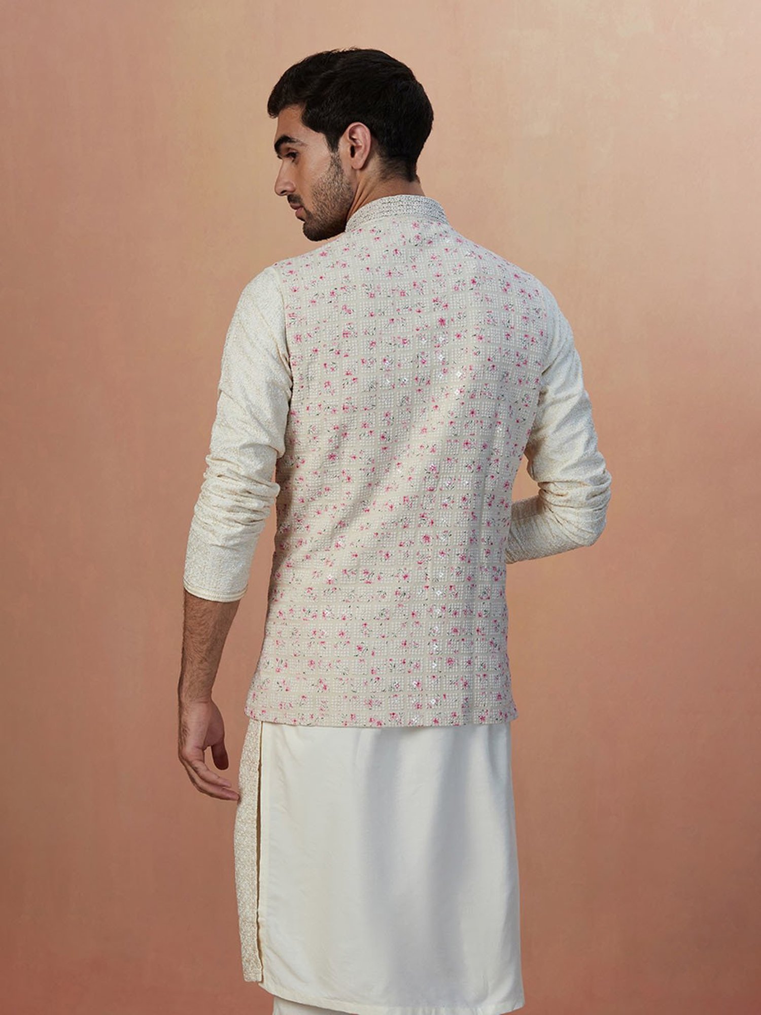 Manyavar Beige Regular Fit Self Design Nehru Jacket