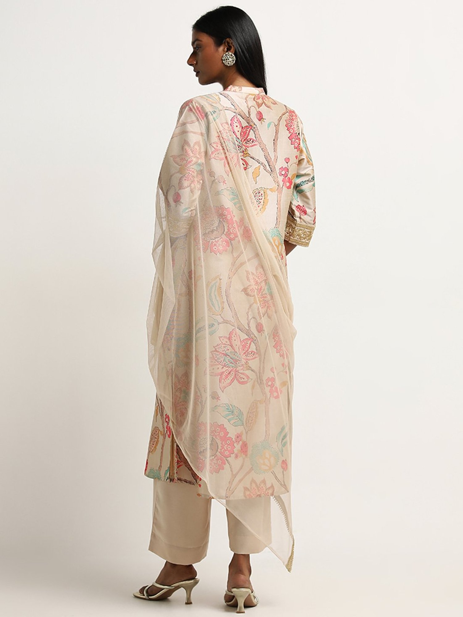 Vark by Westside Beige Floral Printed Kurta, Palazzos and Dupatta Set