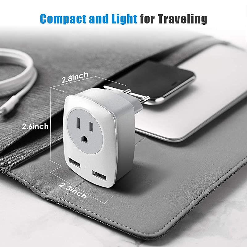 Travel Adapter America to Europe Plug Adapter with 2 USB Ports and 1 US AC Outlet International Travel Adapter for Most EU Countries GermanyFranceItalyGreece Not for UK Type C Plug