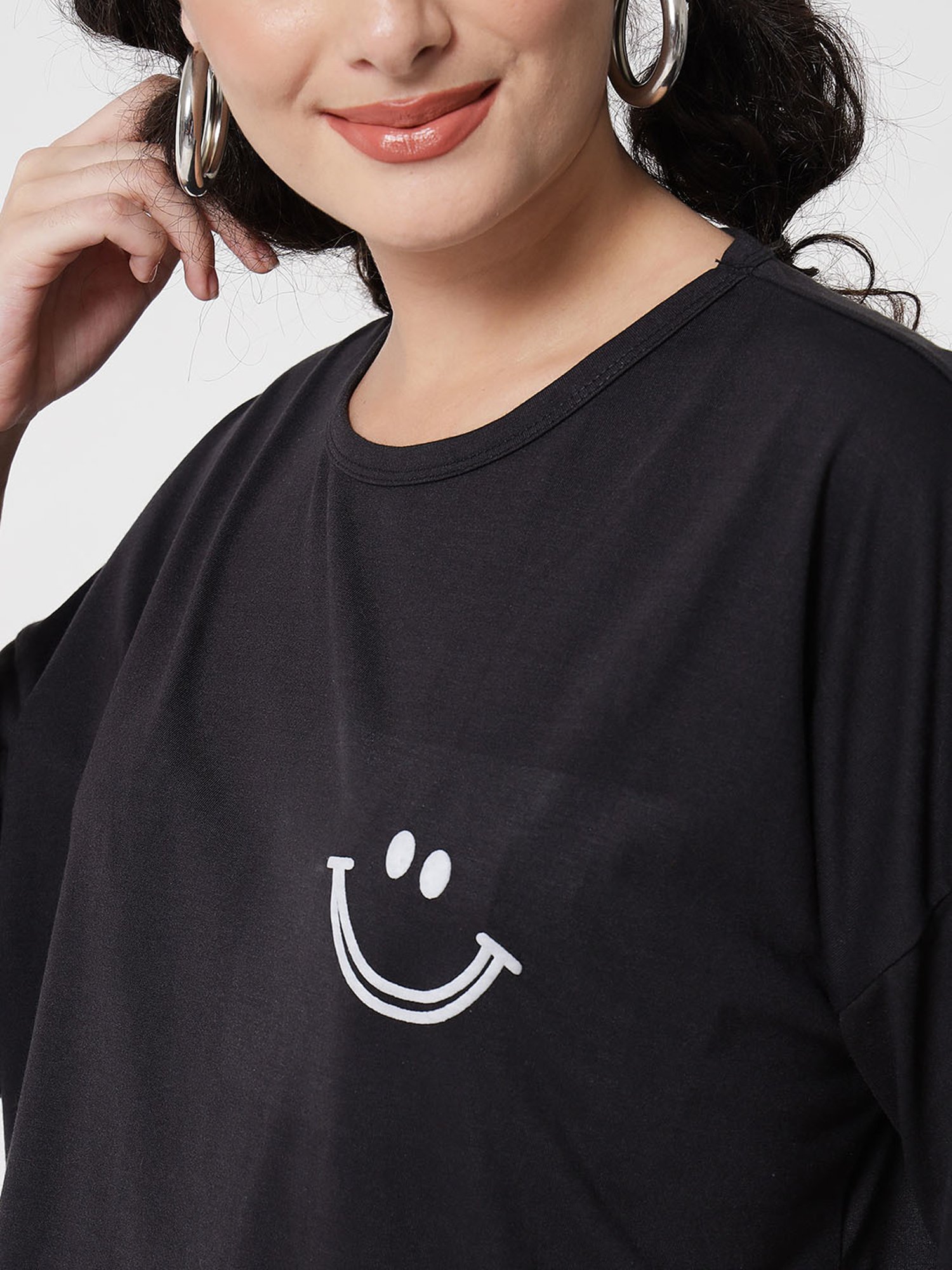Kotty Black Round Neck Printed T-Shirt