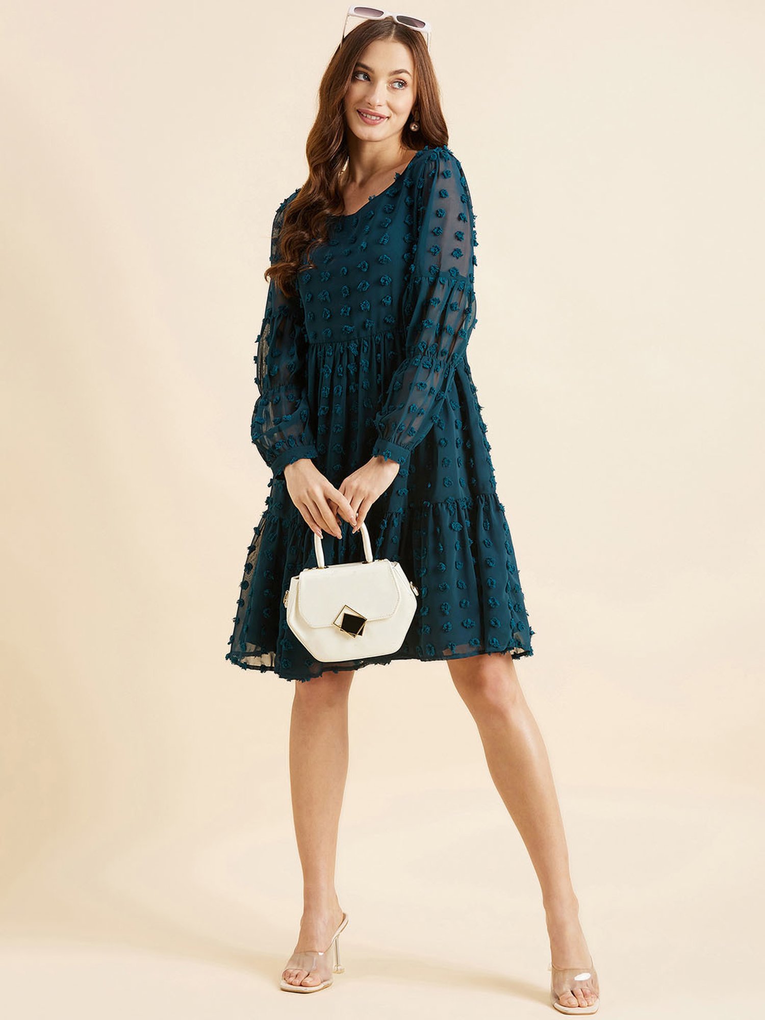 PANIT Teal Self Design Ethnic Dress