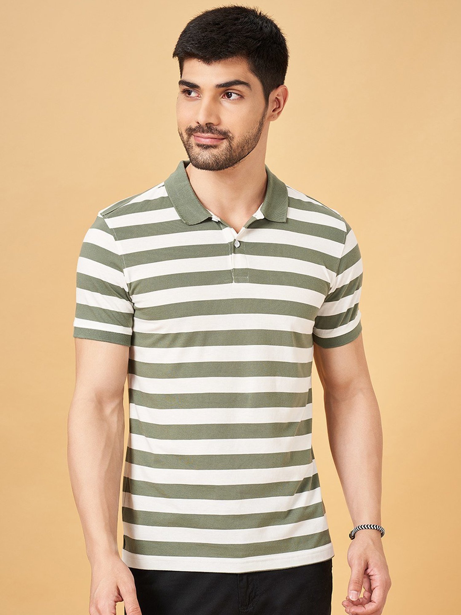 Byford By Pantaloons Olive Slim Fit Striped Polo T-Shirt