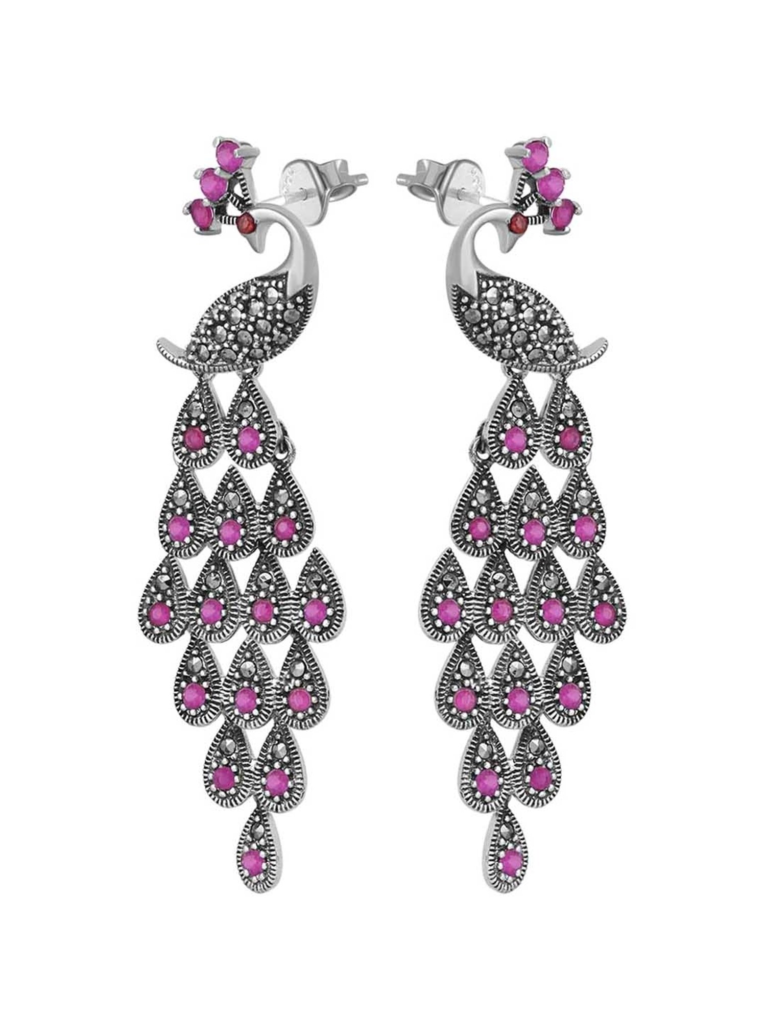 Rihi by P.C. Chandra Jewellers 92.5 Sterling Silver Pink Peacock Dangler Earrings for Women & Girls