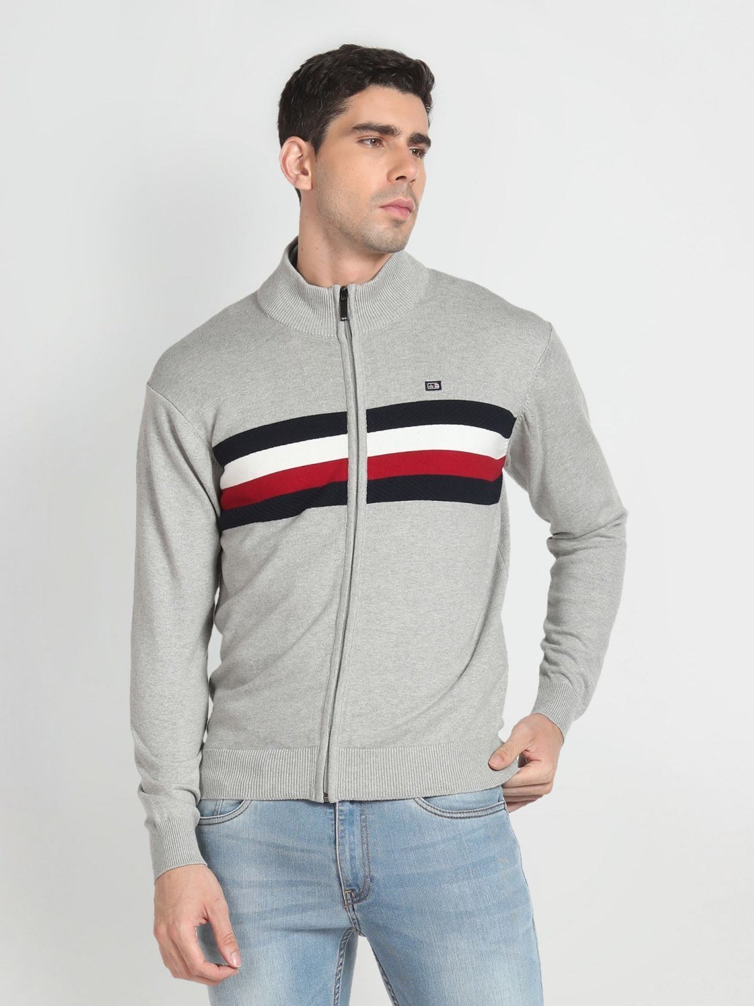 Arrow Sport Grey Cotton Regular Fit Striped Sweater