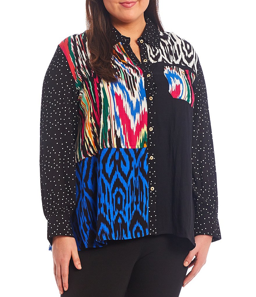 Calessa Plus Size Point Collar Neck Patchwork Mixed Print Roll Tab Long Sleeve Button Front Shirt
