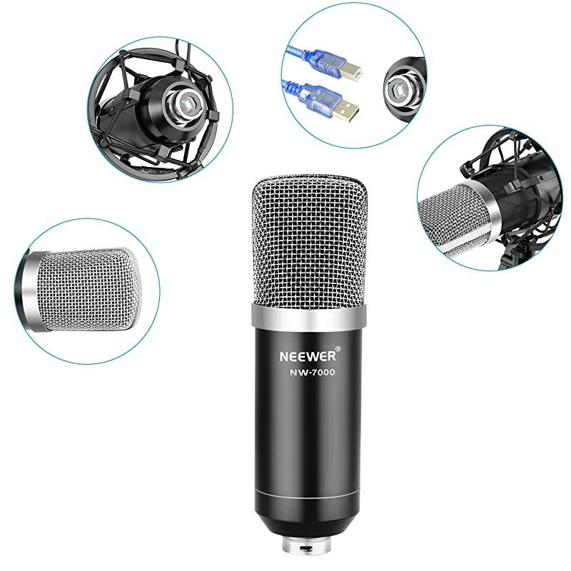 USB Microphone for Windows and Mac with Suspension Scissor Arm Stand Shock Mount Pop Filter USB Cable and Table Mounting Clamp Kit for Broadcasting and Sound Recording Black