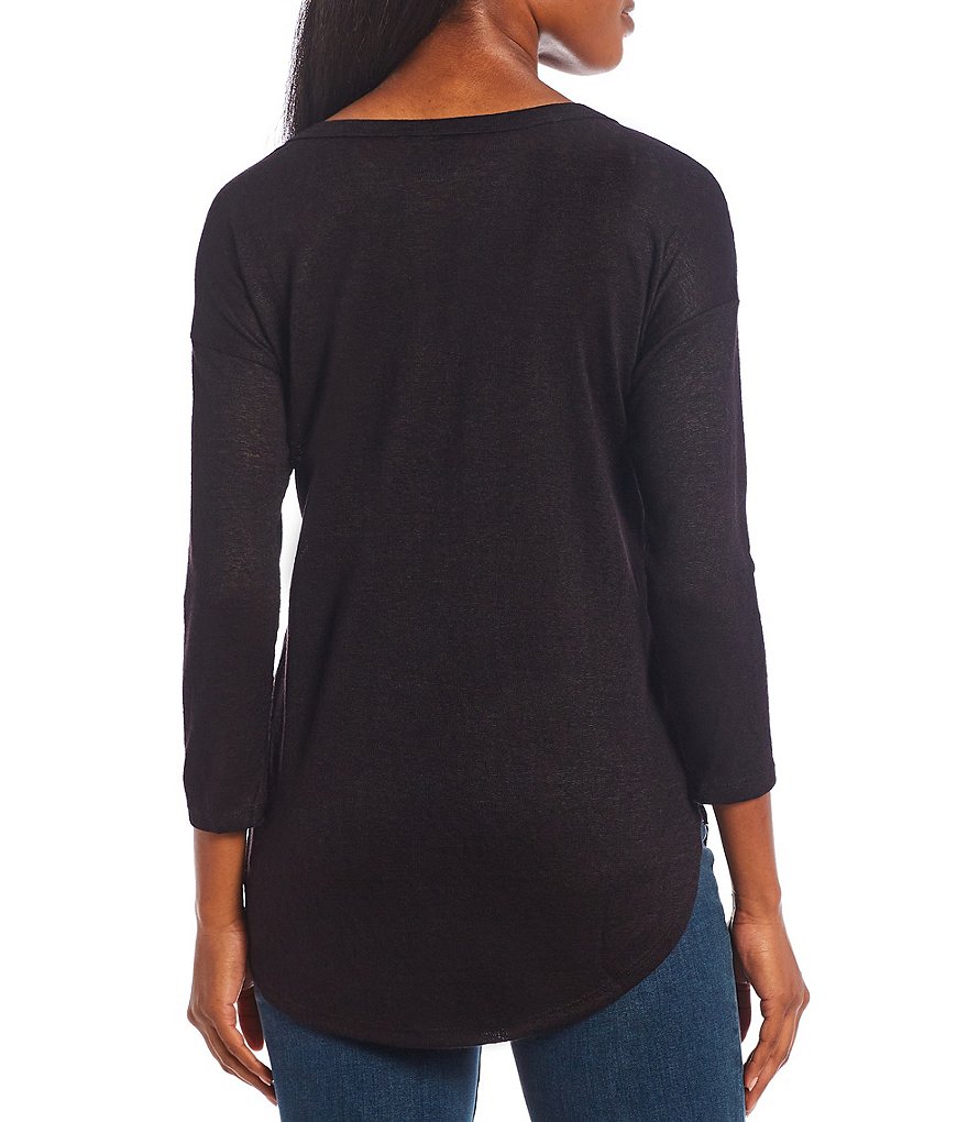 Bobeau Slub Knit Round Neck 3/4 Sleeve Hi-Low Top