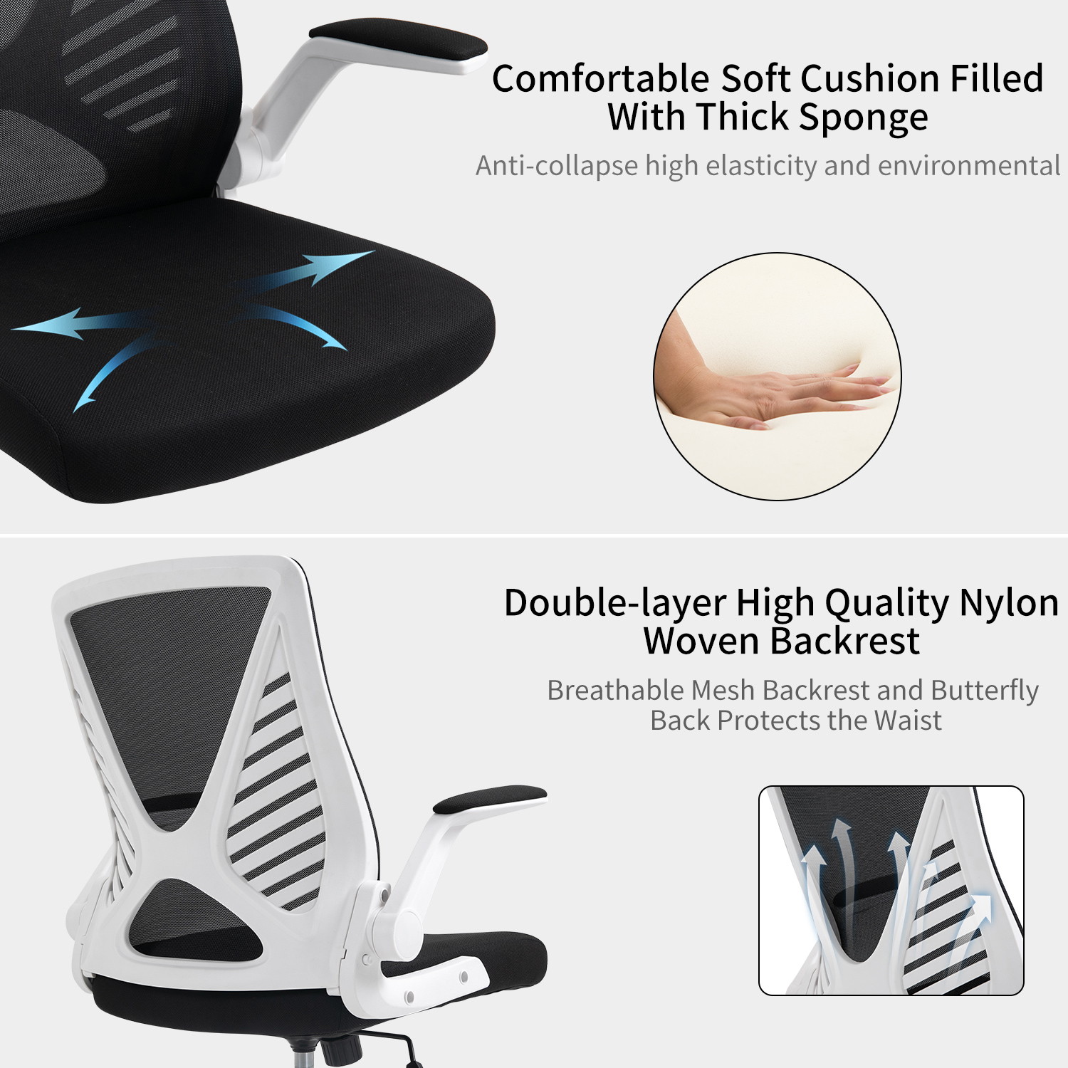 Ergonomic Office Chair, Home Office Desk Chairs, Mid-back Computer Mesh Chair with Lumbar Support and Flip-up Arms, Swivel Task Chair