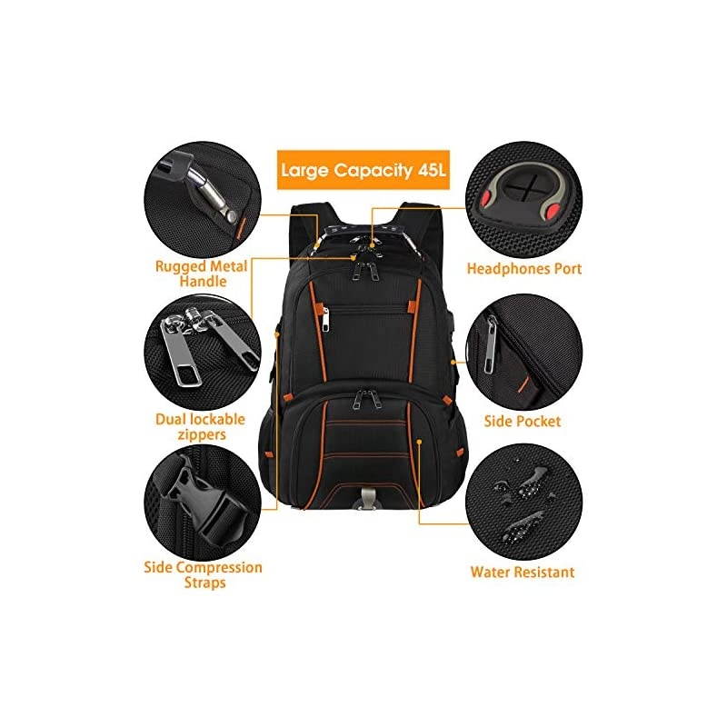 Backpacks for Men Extra Large College School Laptop Bookbags with USB Charging PortRFID TSA Friendly Water Resistant Business Computer Bag with Luggage Sleeve Fit 173 Inch Laptop 45LOrange