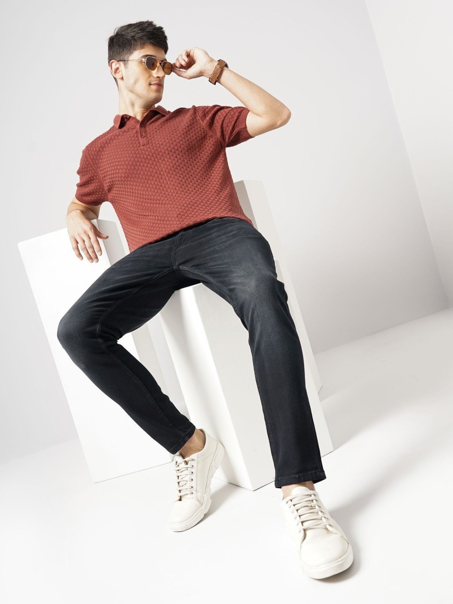 Celio Dk Brown Cotton Regular Fit Striped Polo T-Shirt