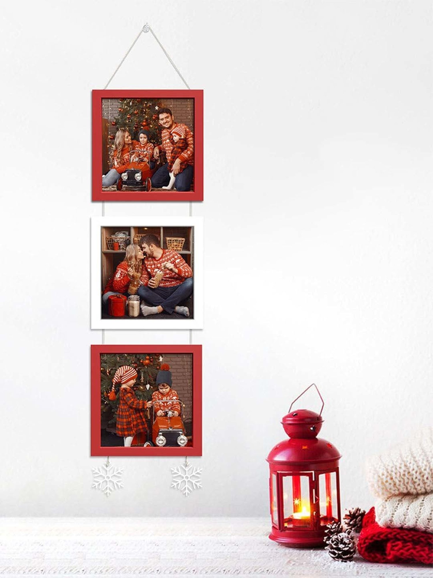 Art Street Red & White Synthetic Wall Mounted Collage Photoframe - Set of 3