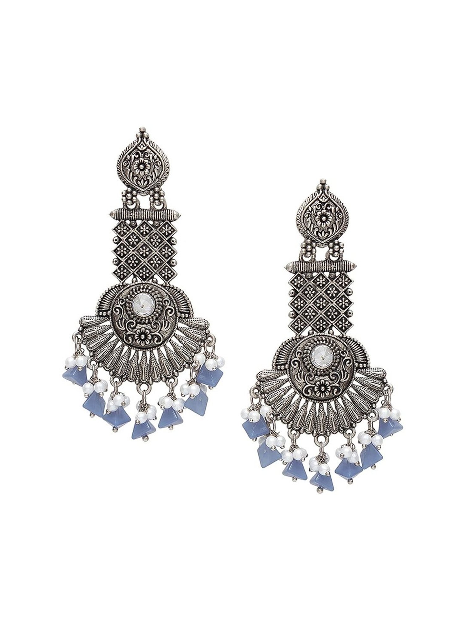 Oomph Jewellery Oxidized Silver Ethnic Silver Look Alike with Blue Beads & Pearls Dangler Earrings