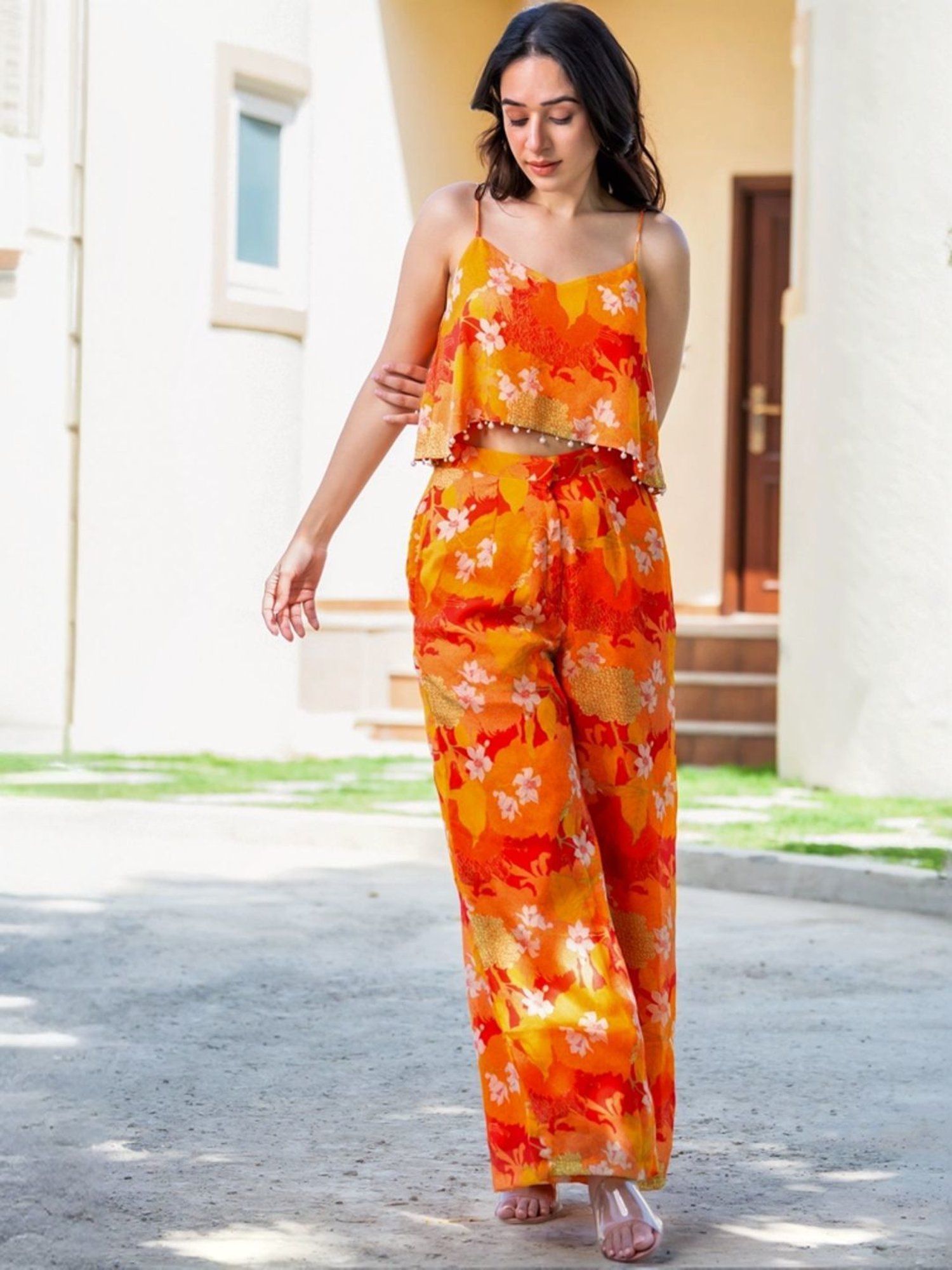 HOUSE OF JAMOTI Yellow & Orange Printed Crop Top Palazzo Set