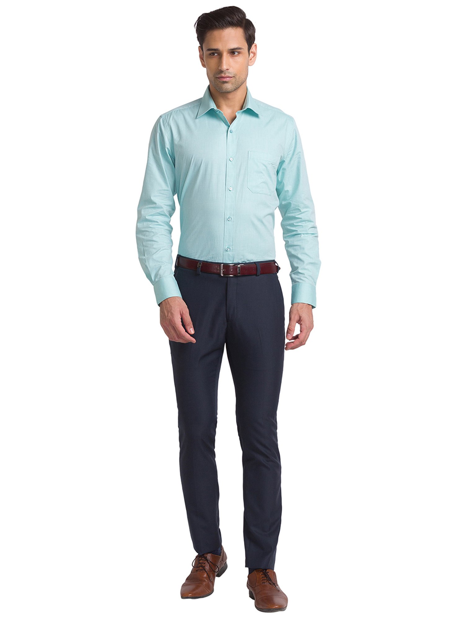 Park Avenue Navy Super Slim Fit Self Design Flat Front Trousers