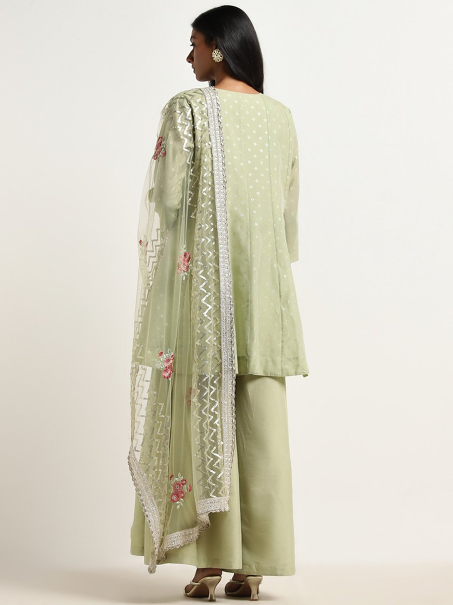 Vark by Westside Sage A-Line Kurti, Mid-Rise Palazzos & Dupatta Set