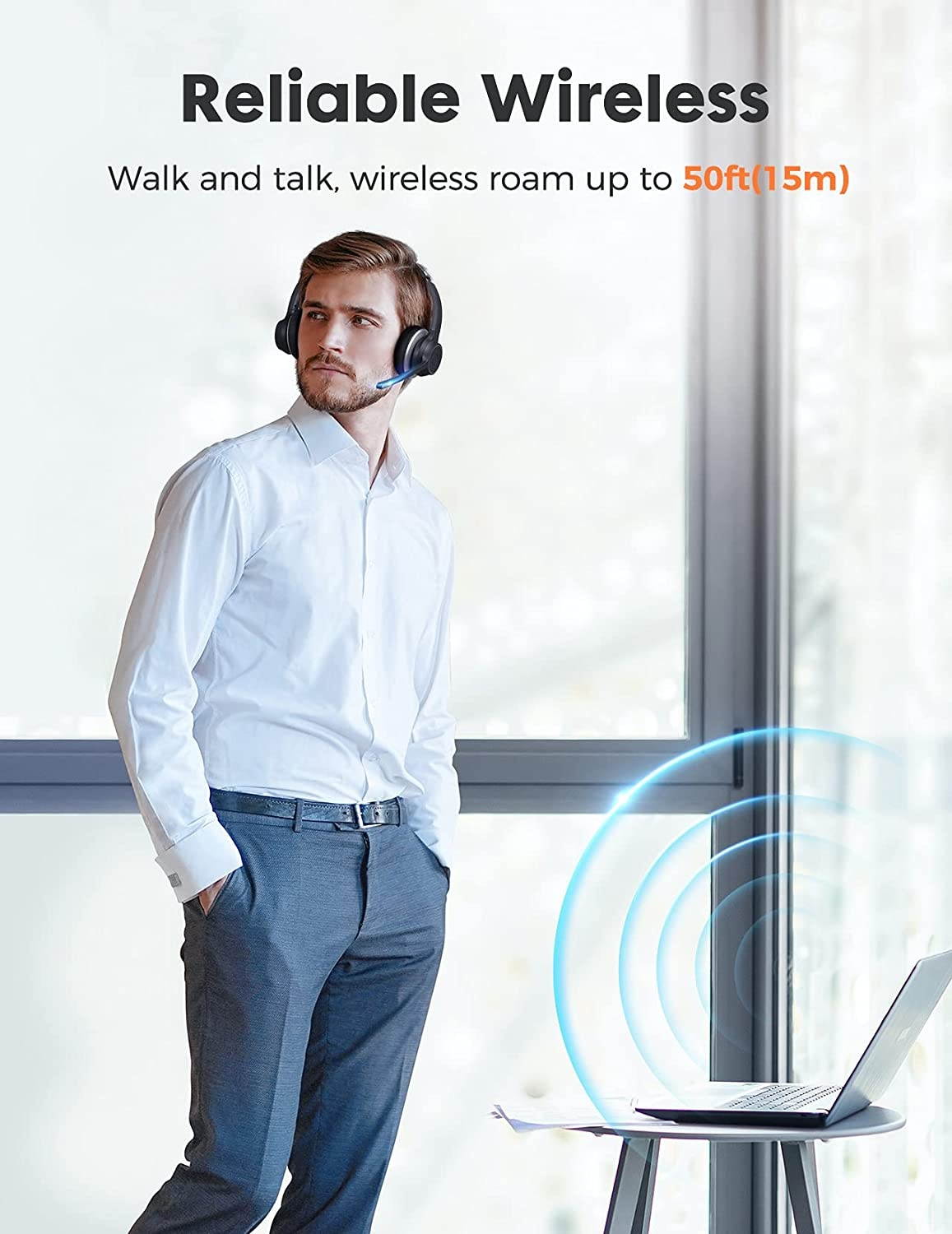 Wireless Headset with Dual Microphone Headsets with CVC8.0 Noise Cancelling Mic Mute Function Wireless 5.0 55ft Range Soft Earmuff Wired Headphones for PC Home Office Call Center Class Skype