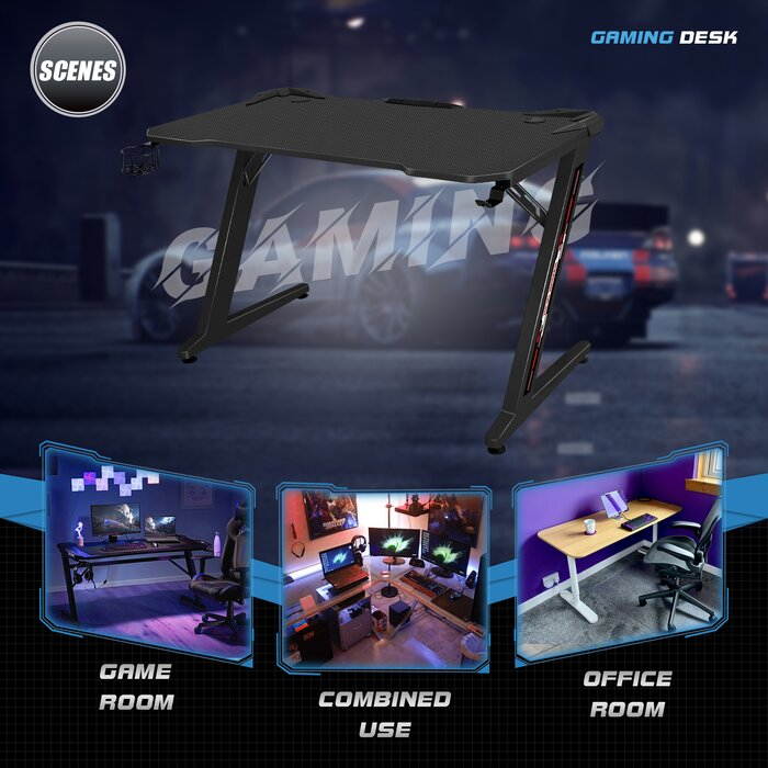 Homall Computer Gaming Desk Large Carbon Fiber Surface Computer Table Z-shaped Feet PC Desk with Cup Holder Headphone Hook Game Handle Rack (Black)
