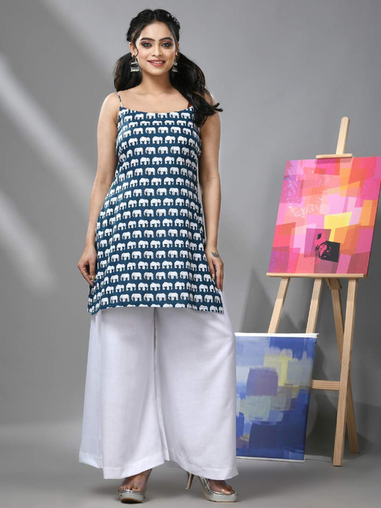 CHARUKRITI Blue & White Cotton Printed Kurti Palazzo Set