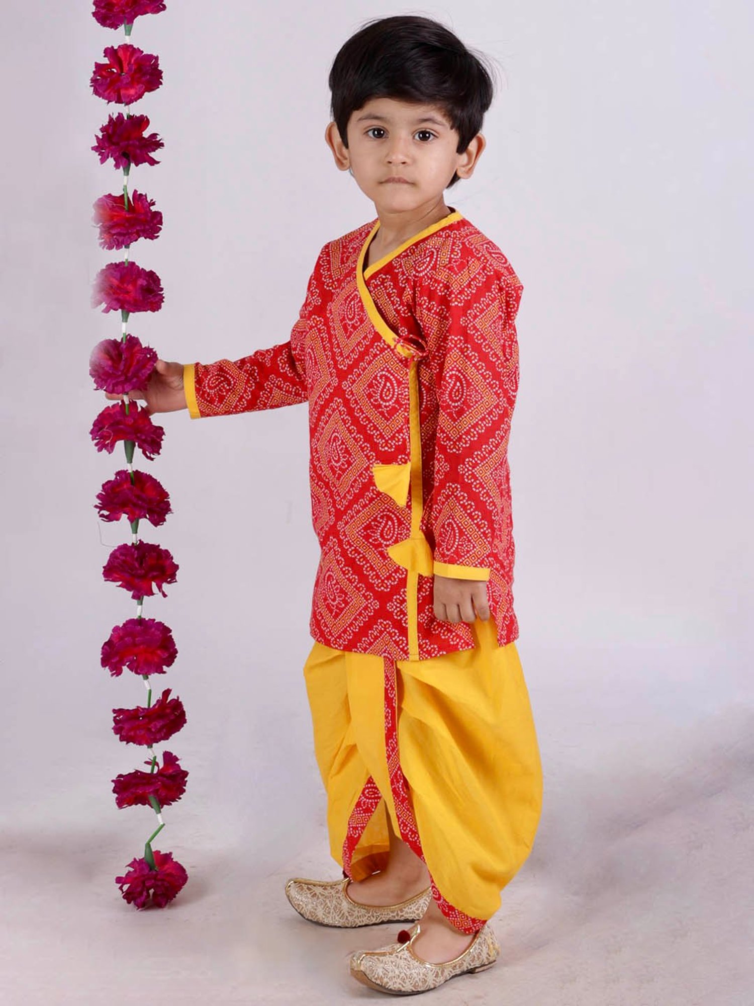 Little Bansi Kids Red & Yellow Printed Kurta with Dhotis