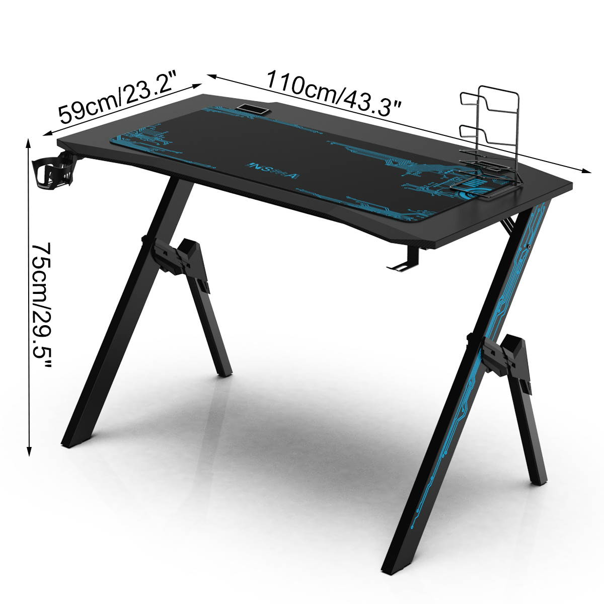 43" Ergonomic Gaming Computer Office Gamer Desk Table W/ Cup Holder Headphone