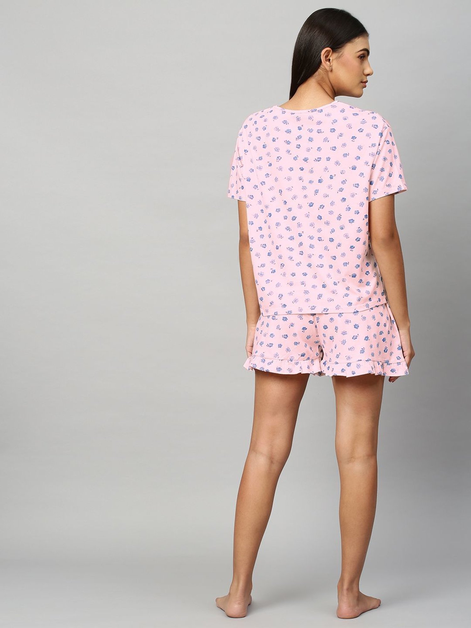 Chemistry Pink Cotton Floral Print T-Shirt With Shorts