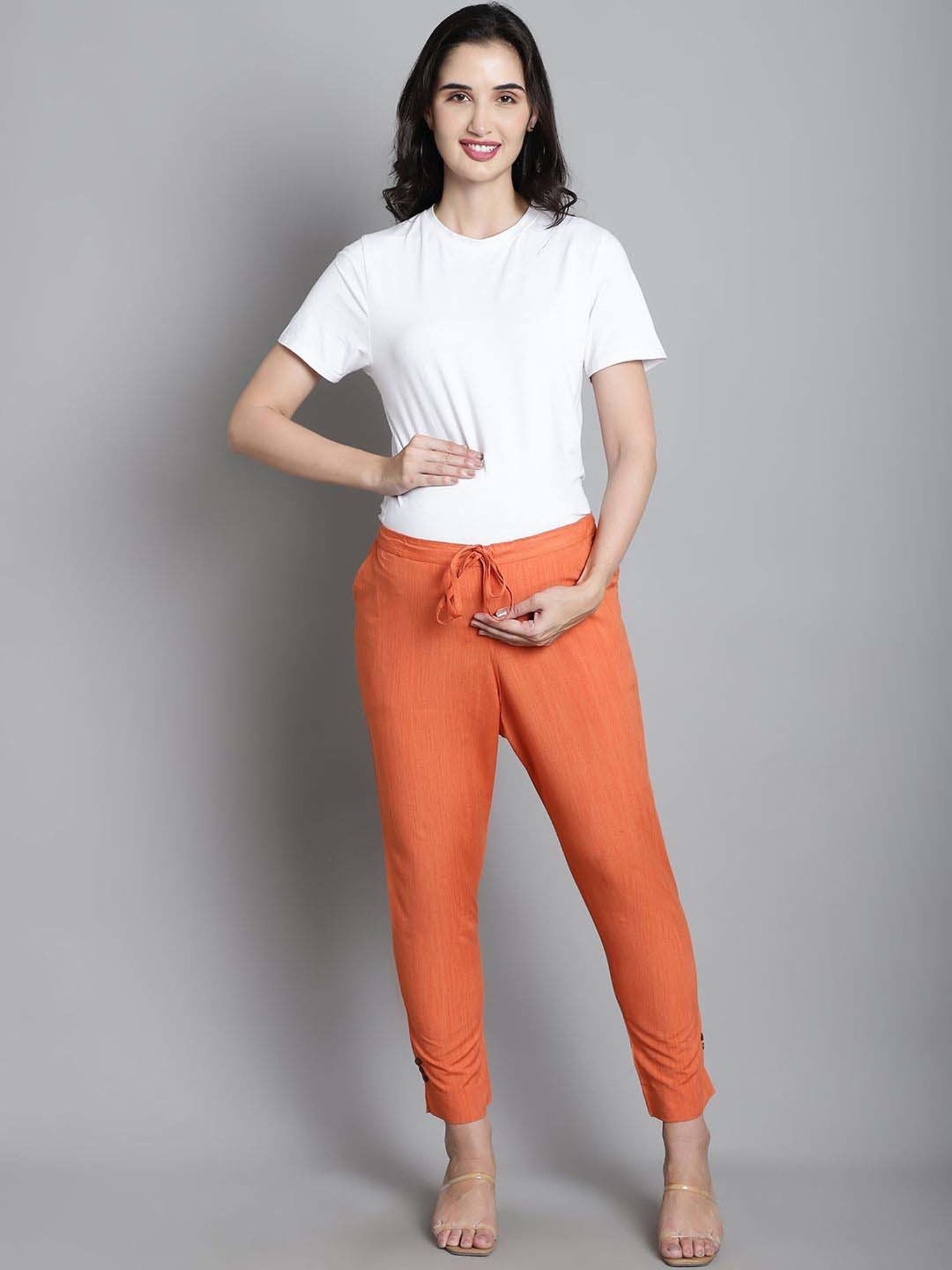 Moms Maternity Orange Cotton Mid Rise Maternity Trousers