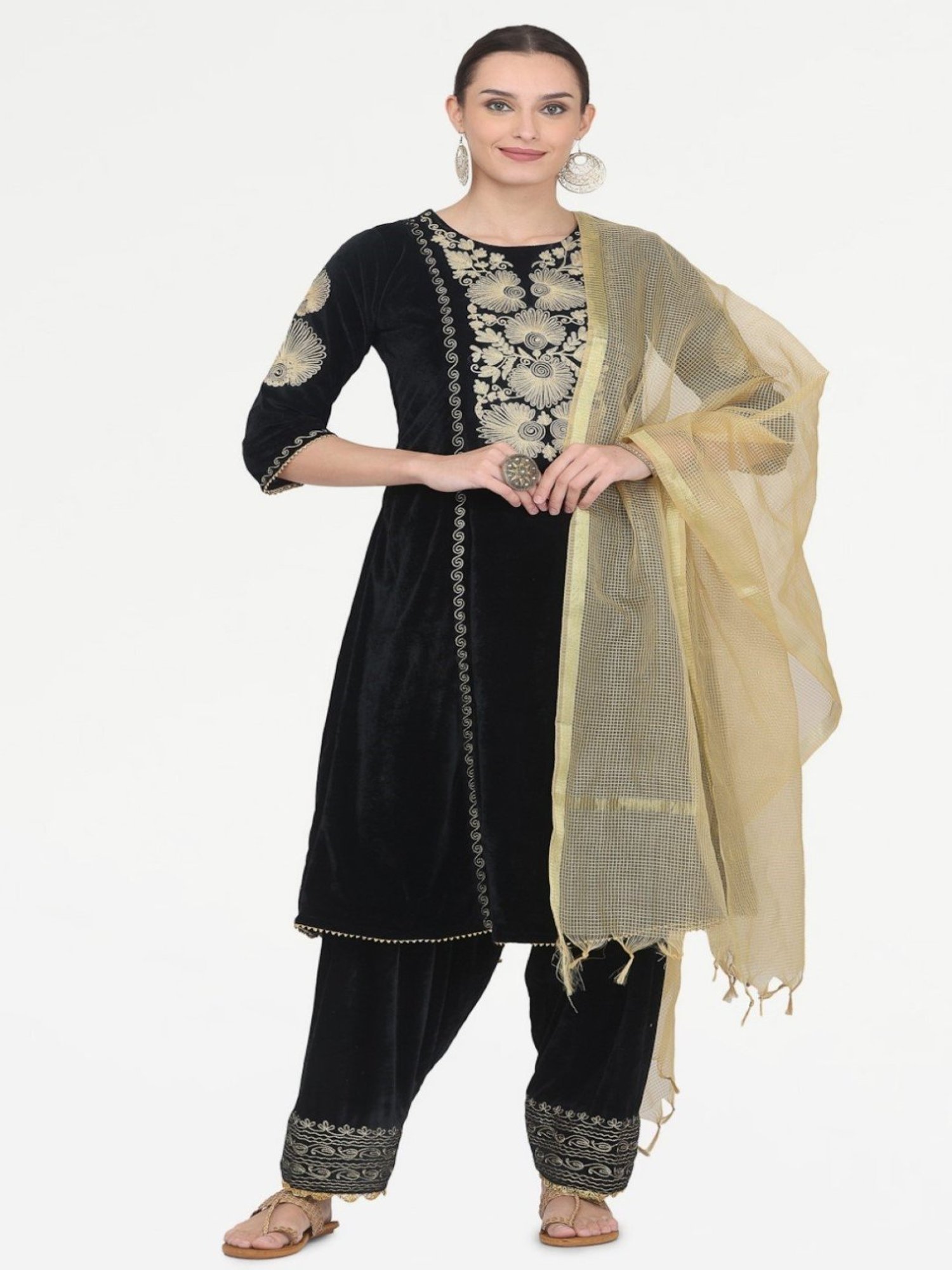 Kaanchie Nanggia Black Embroidered Kurta Salwar with Chanderi Dupatta