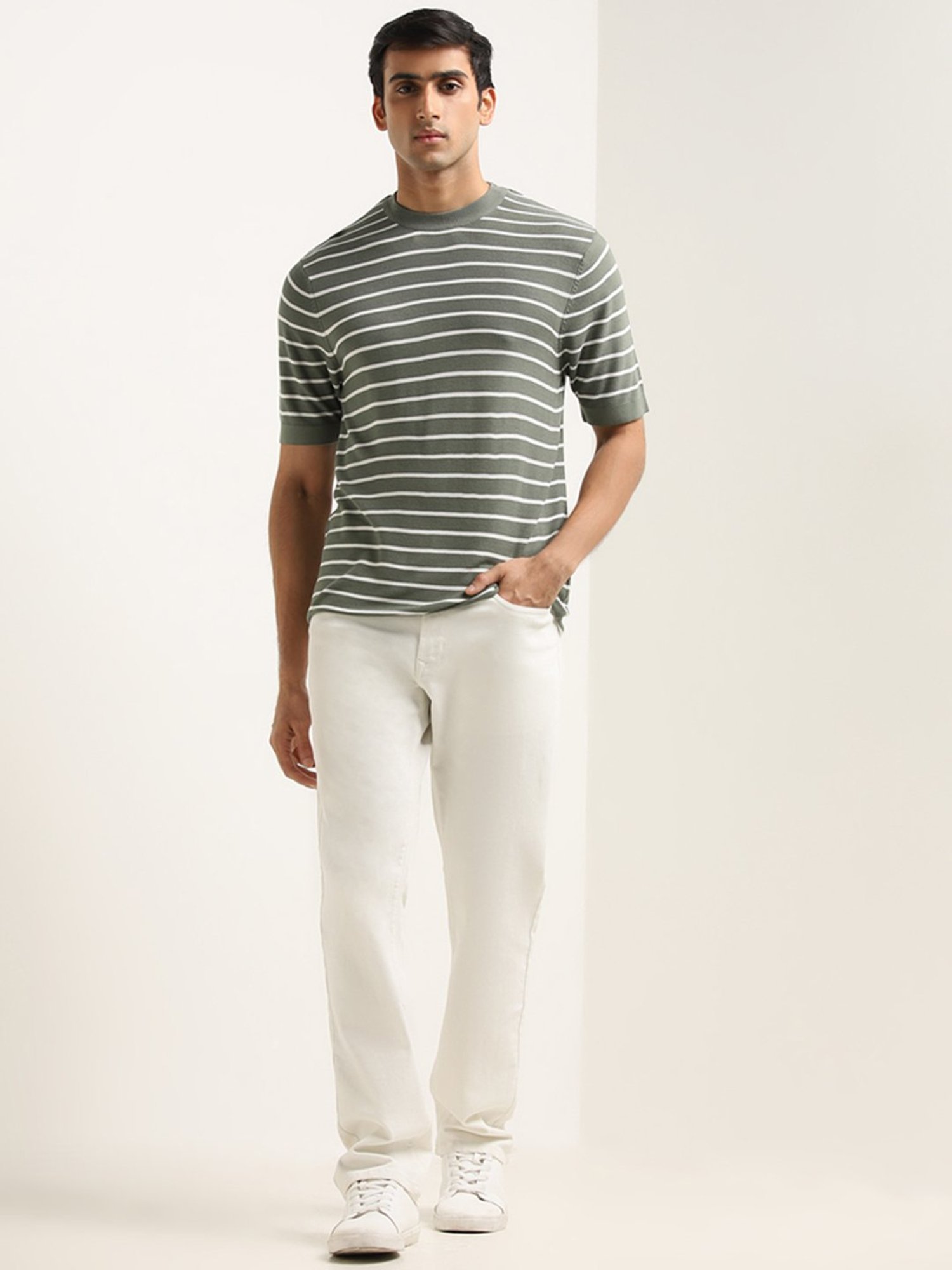 Ascot by Westside Dark Sage Striped Relaxed-Fit T-Shirt