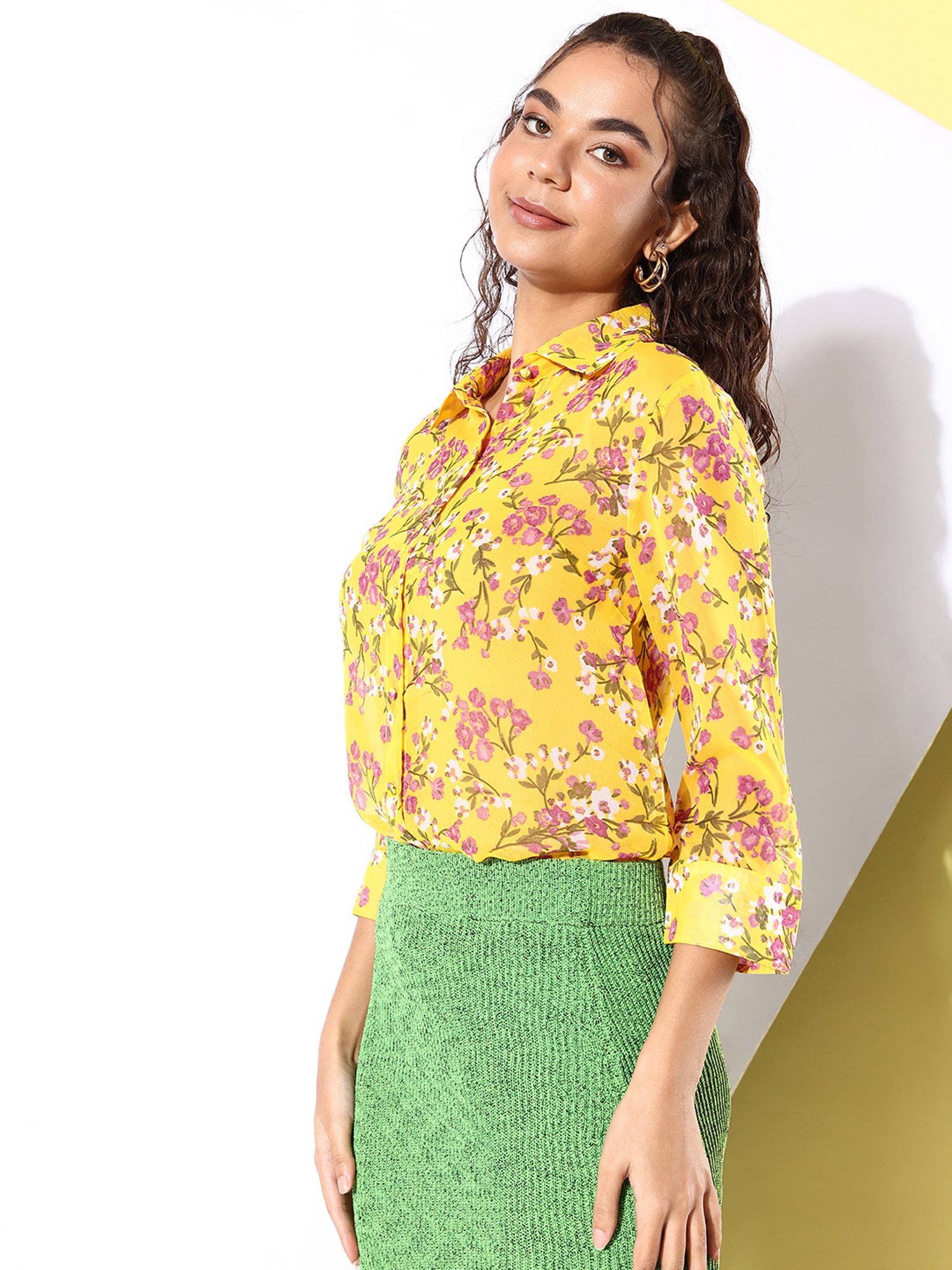 Anvi Be Yourself Yellow Floral Print Sheer Shirt