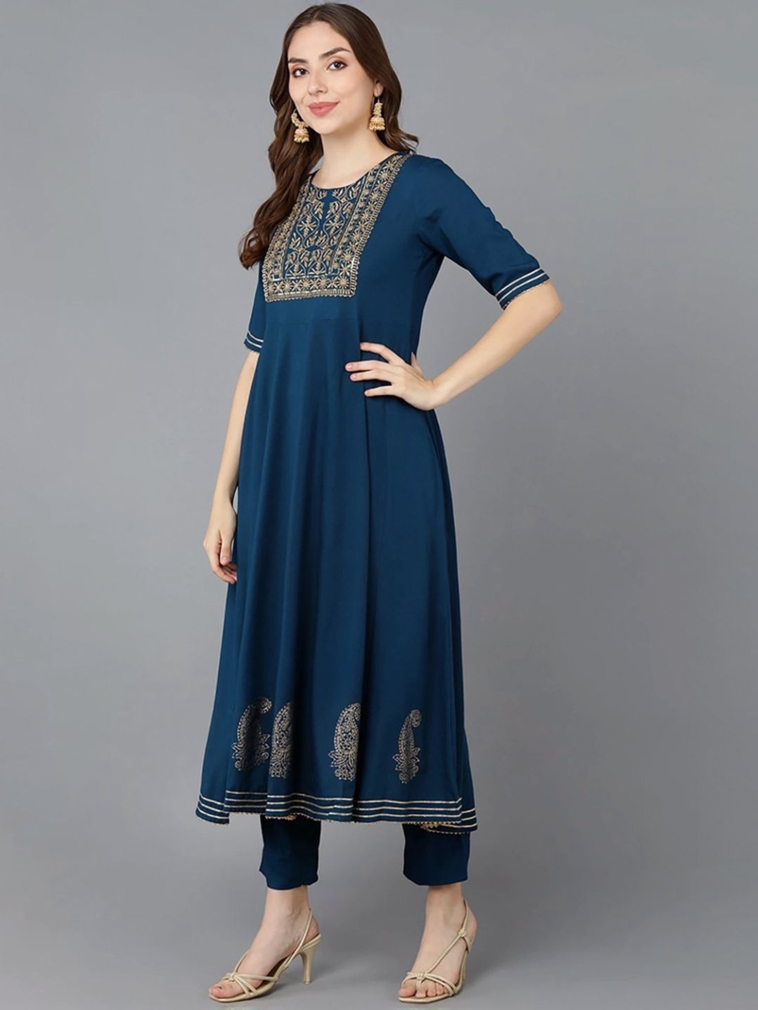 Vaamsi Teal Blue Cotton Embroidered Kurta Pant Set With Dupatta