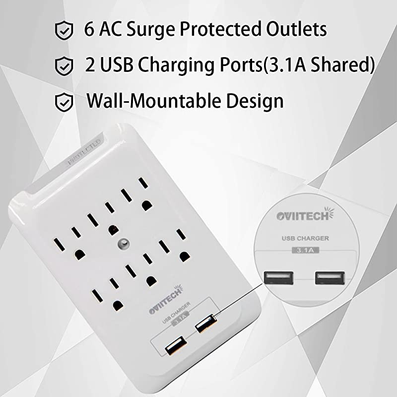 Multi-Function Wall Mount Outlet Adapter, Surge Protector Charging Station,  Dual 2.1AMP USB Charging Ports,6 AC Socket Outlet Splitter Plugs,White,ETL Certified