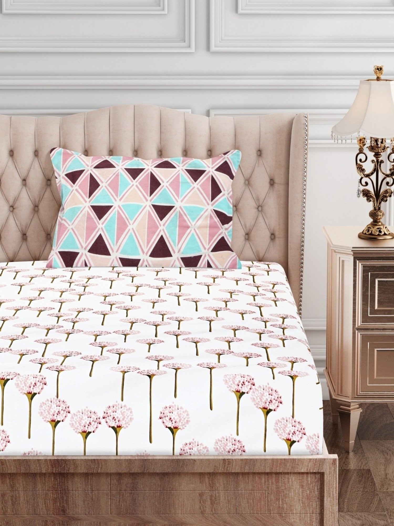 SEJ by Nisha Gupta Floral Pink 160 TC Cotton Single Bed Sheet with 1 Pillow Cover