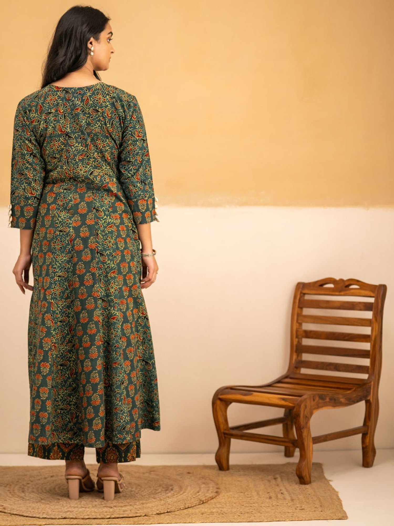 Love Chic Ajrakh Anarkali Kurta with cowrie shells