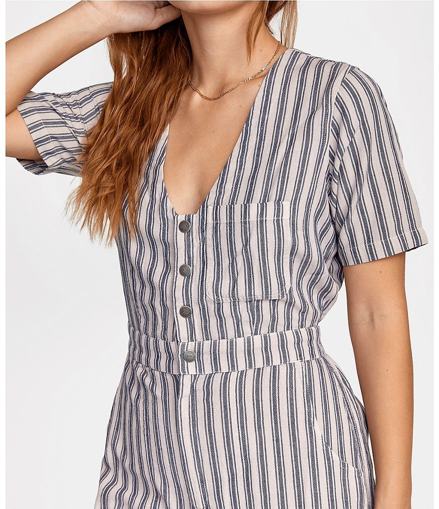 RVCA Range Short-Sleeve Overdye Yarn-Dye-Stripe Jumpsuit