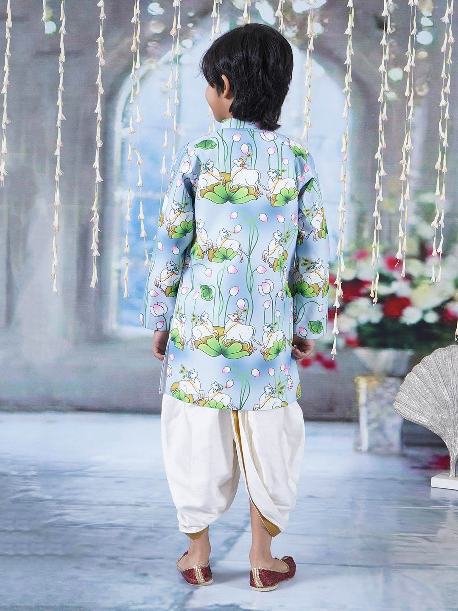 Little Bansi Kids Blue & White Printed Full Sleeves Sherwani with Dhoti