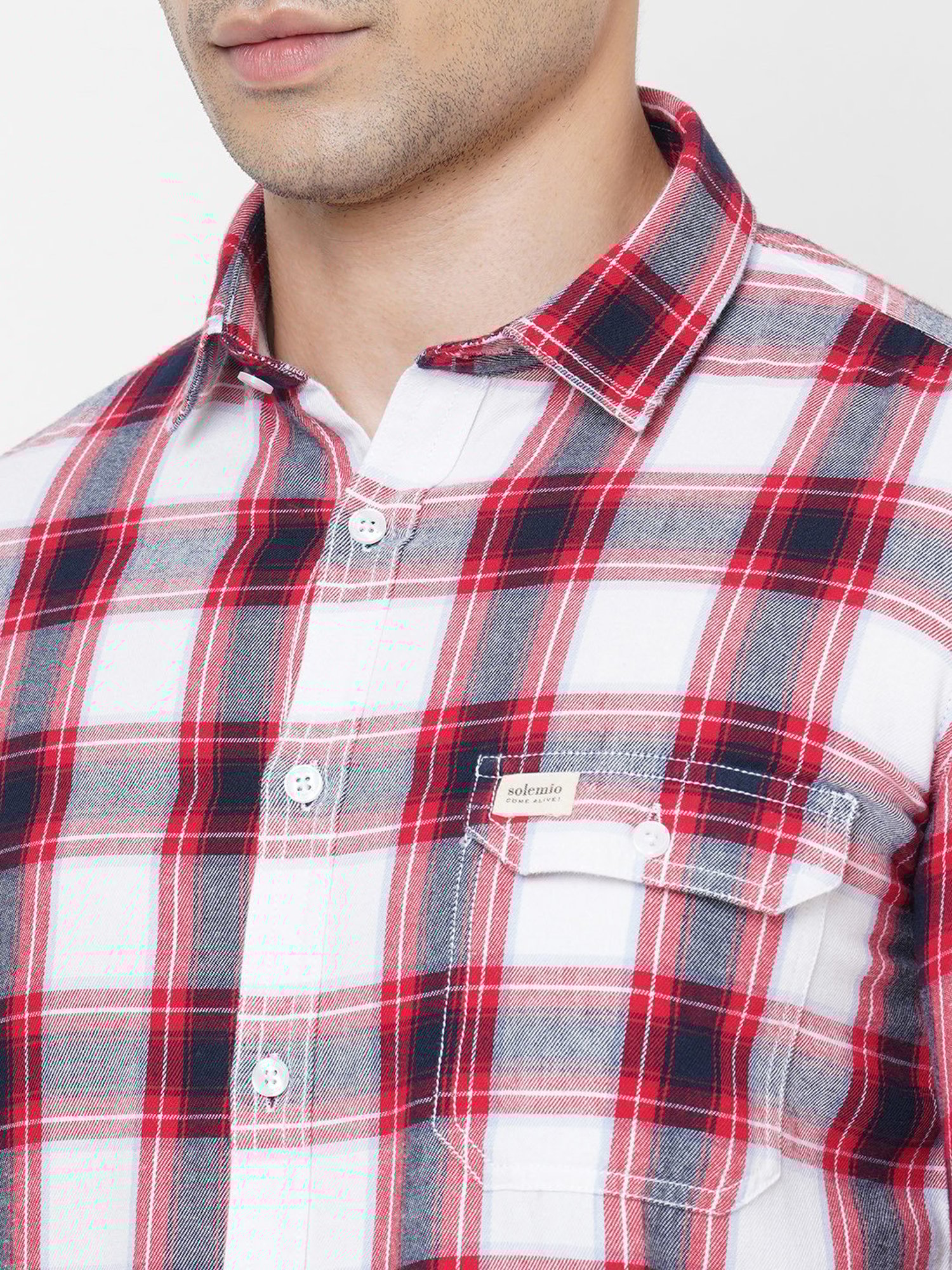 SOLEMIO White & Red Slim Fit Check Cotton Shirt