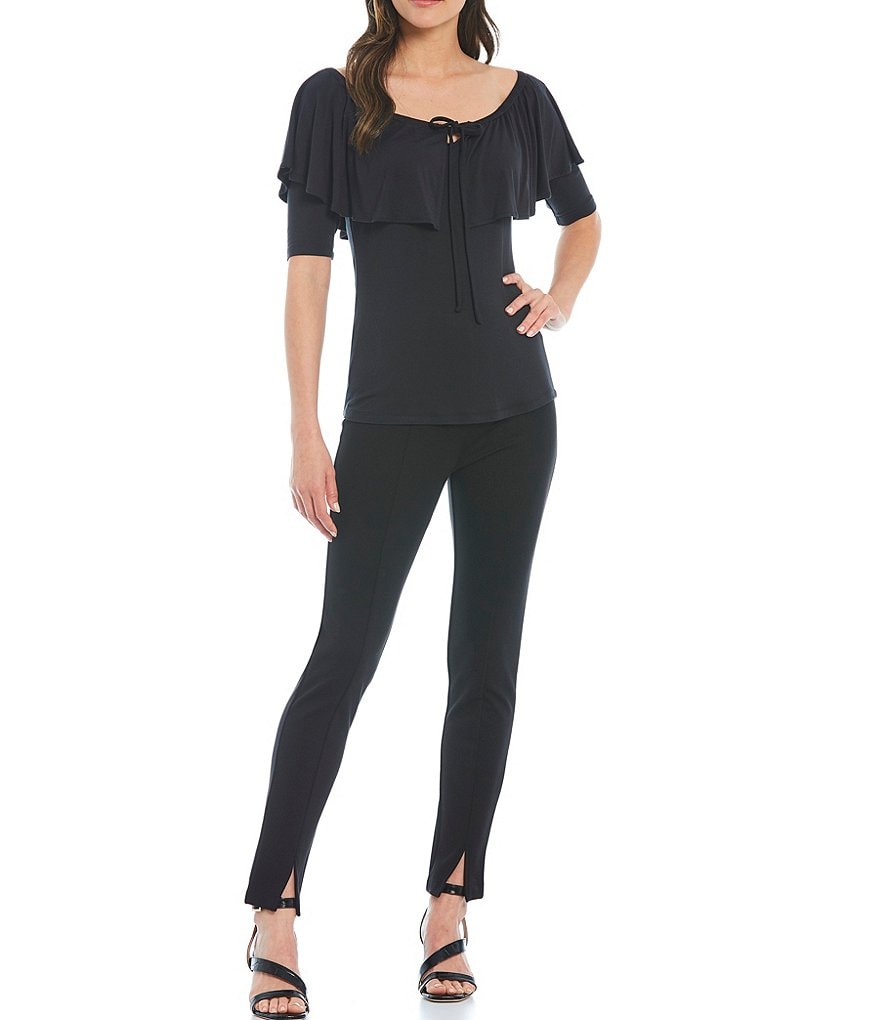 Donna Karan New York Jersey Tie Front Convertible Off-the-Shoulder Short Sleeve Tier Top