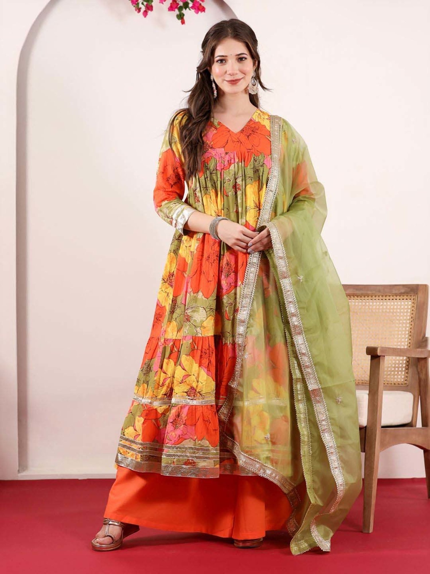 Janasya Multicolored Cotton Floral Print Kurta & Palazzo Set With Dupatta