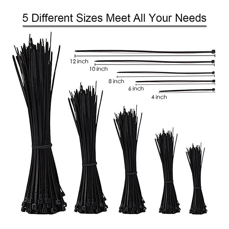 Zip Ties500 Packs SelfLocking 4+6+8+10+12Inch Width 016inch Nylon TiesPerfect for HomeOfficeGarage and Workshop Black