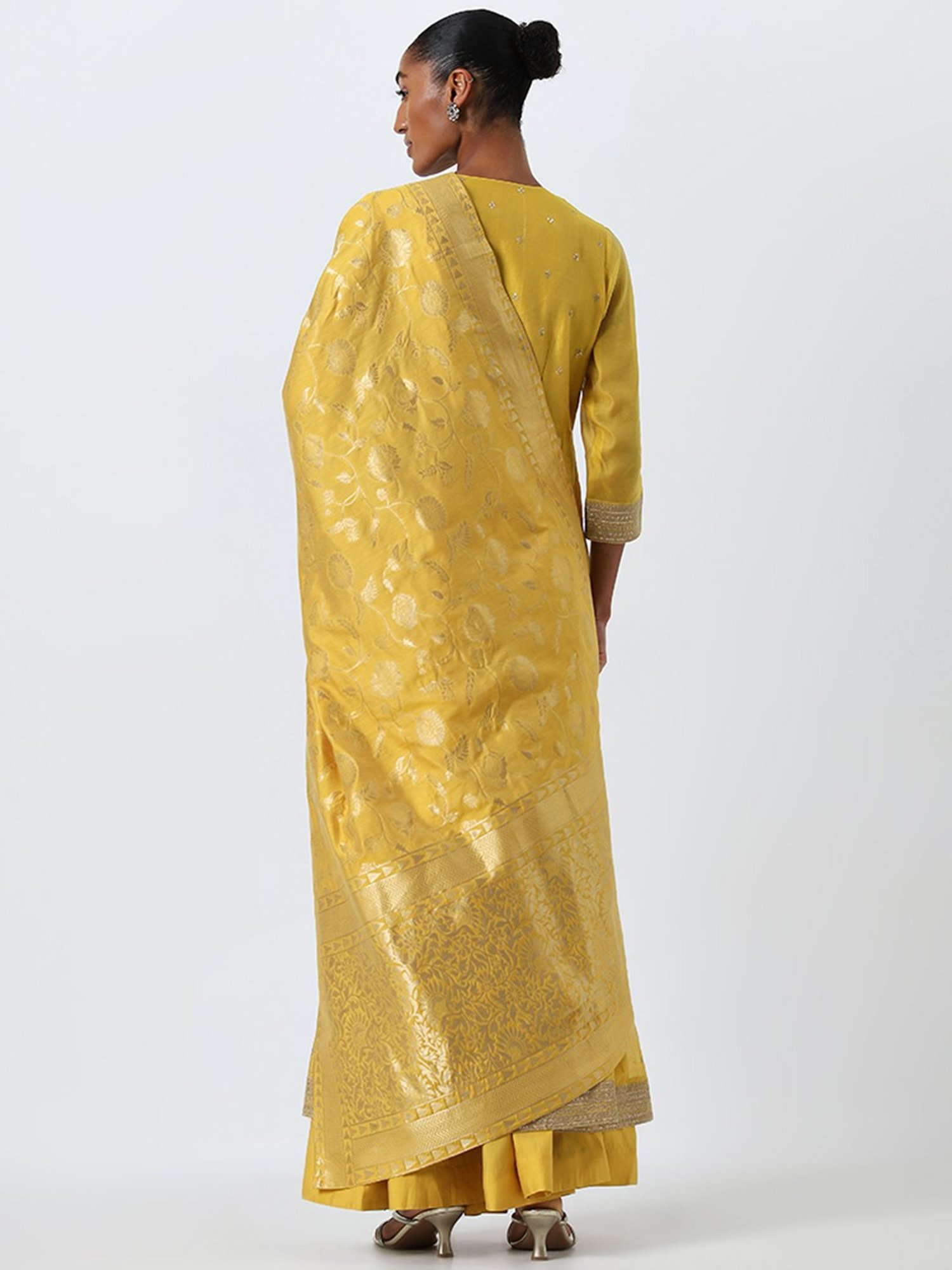 Vark by Westside Mustard Embellished Kurta, Skirt and Dupatta Set