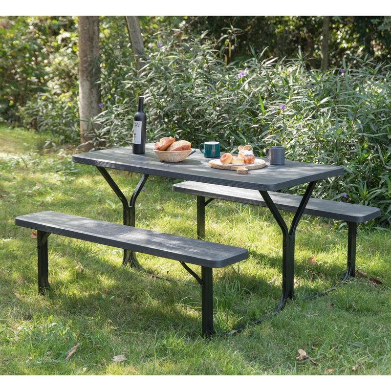 Gardenised Outdoor Woodgrain Picnic Table Set with Metal Frame, Gray