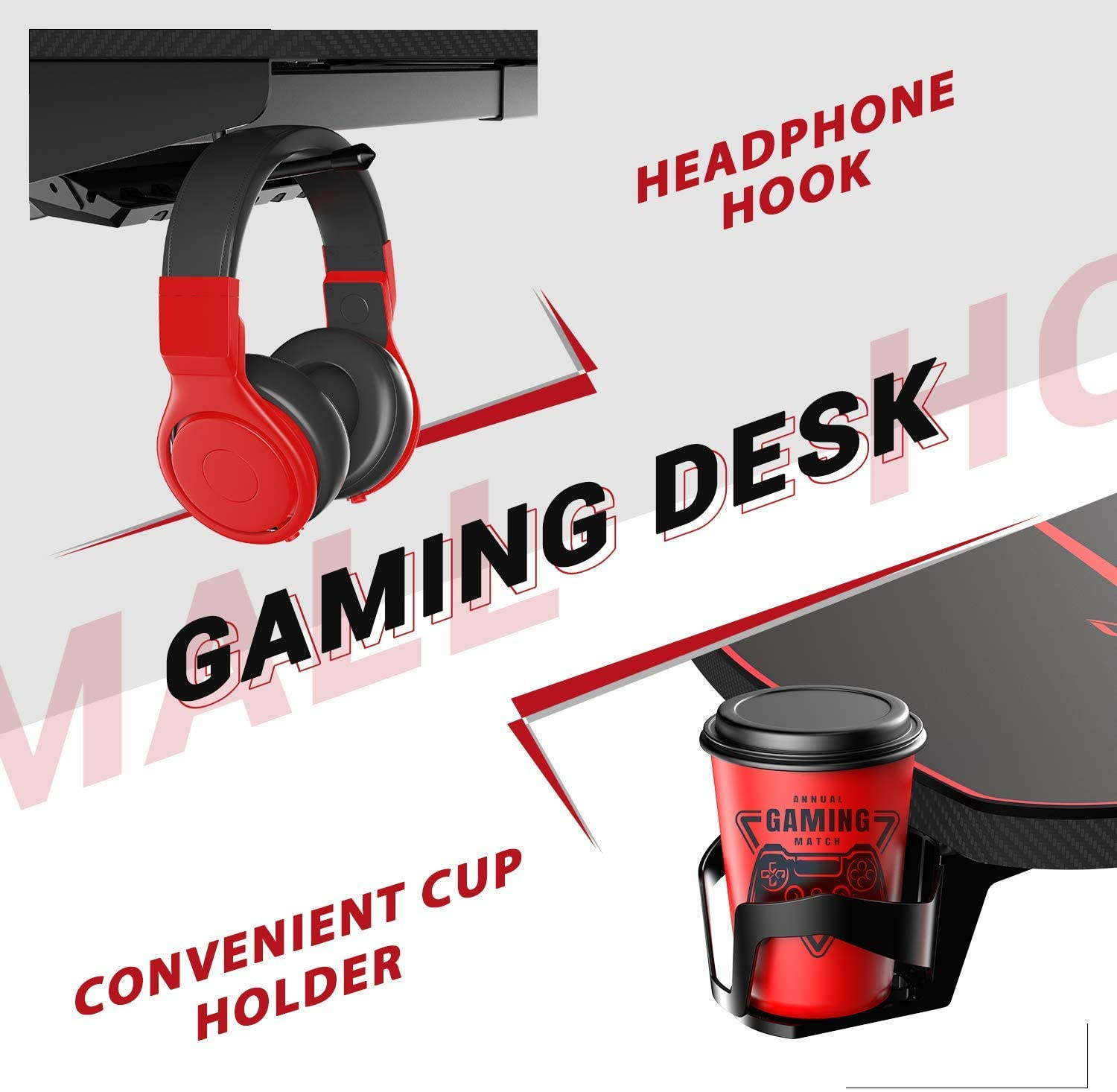 Homall 55 Inch Ergonomic Gaming Desk PC Computer Desk Home Office Table T-shaped Frame Table for Pressional Game Lover with Free Mouse Pad, Headphone Hook, Game Handle Rack and Cup Holder (Red)