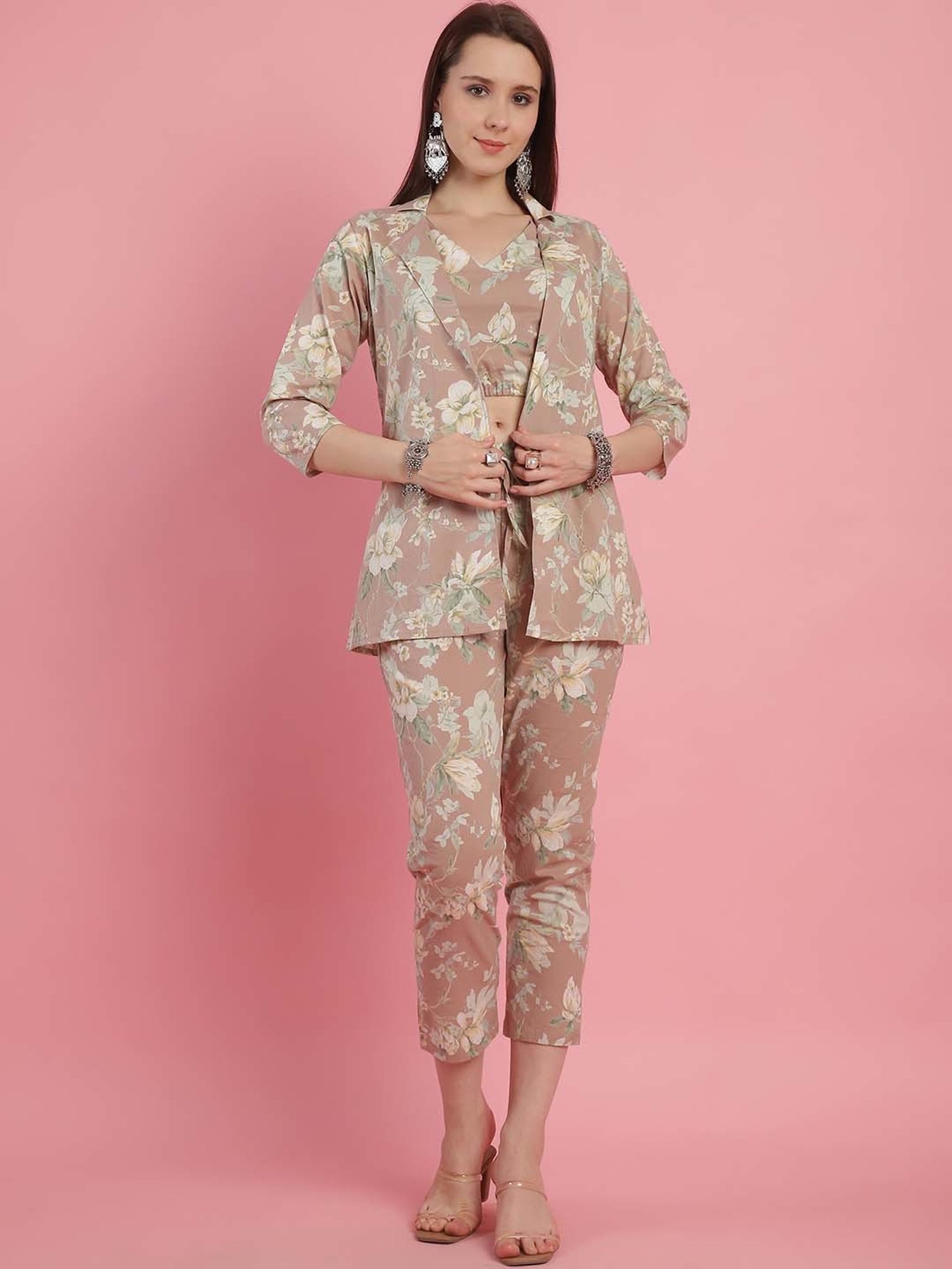 Prakrti Pink Cotton Floral Print Crop Top Capri Set With Jacket