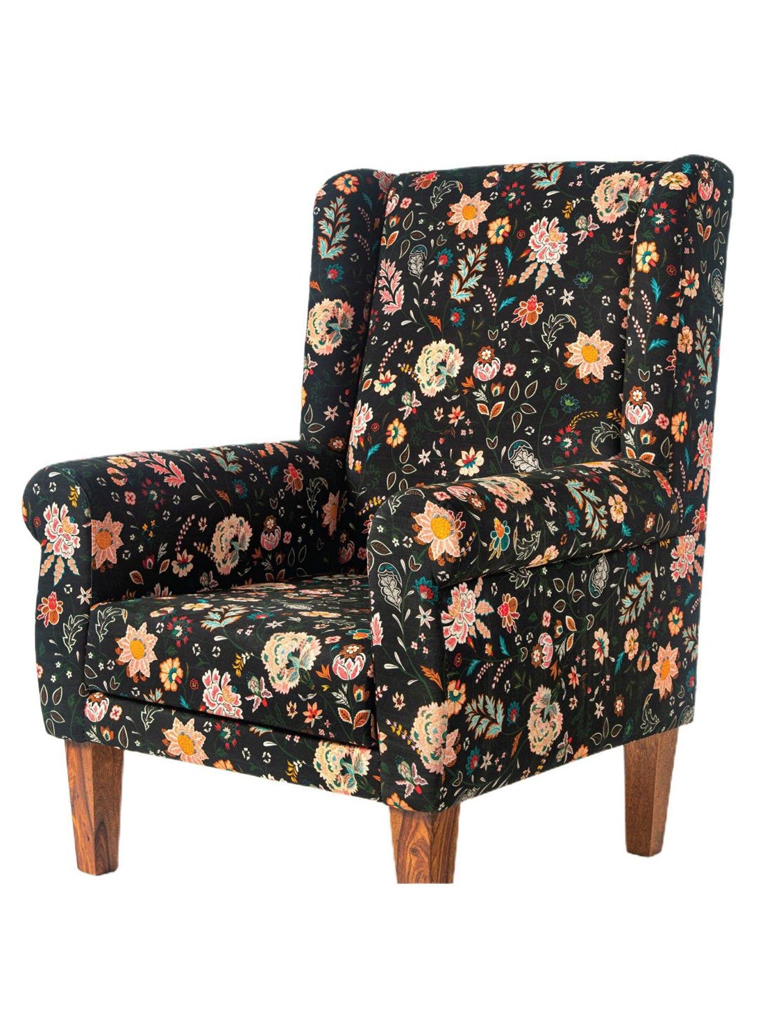 Chumbak Bohemian Paisleys Floral Black Sheesham Wood Begum Wing Chair