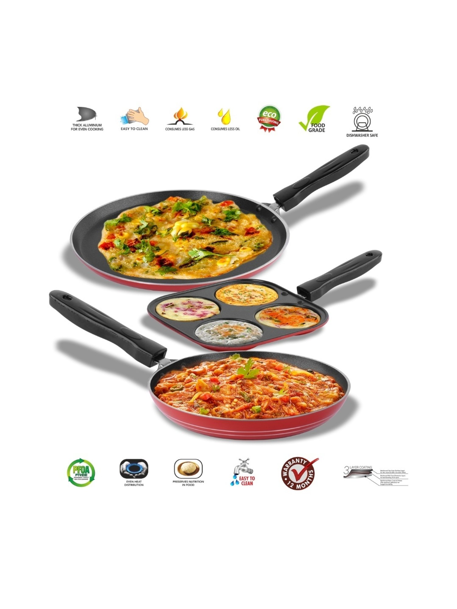 Sumeet NonStick 3pc Combo Set of 2.6mm Thick(Dosa Tawa+Mini Multi Snack Maker+Tapper pan)