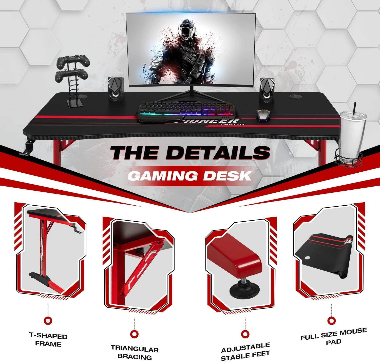 Devoko 43 Inch Gaming Desk T-Shaped PC Computer Table with Free Mouse Pad Carbon Fibre Surface Home Office Desk Gamer Table with Game Handle Rack Headphone Hook and Cup Holder (Black)