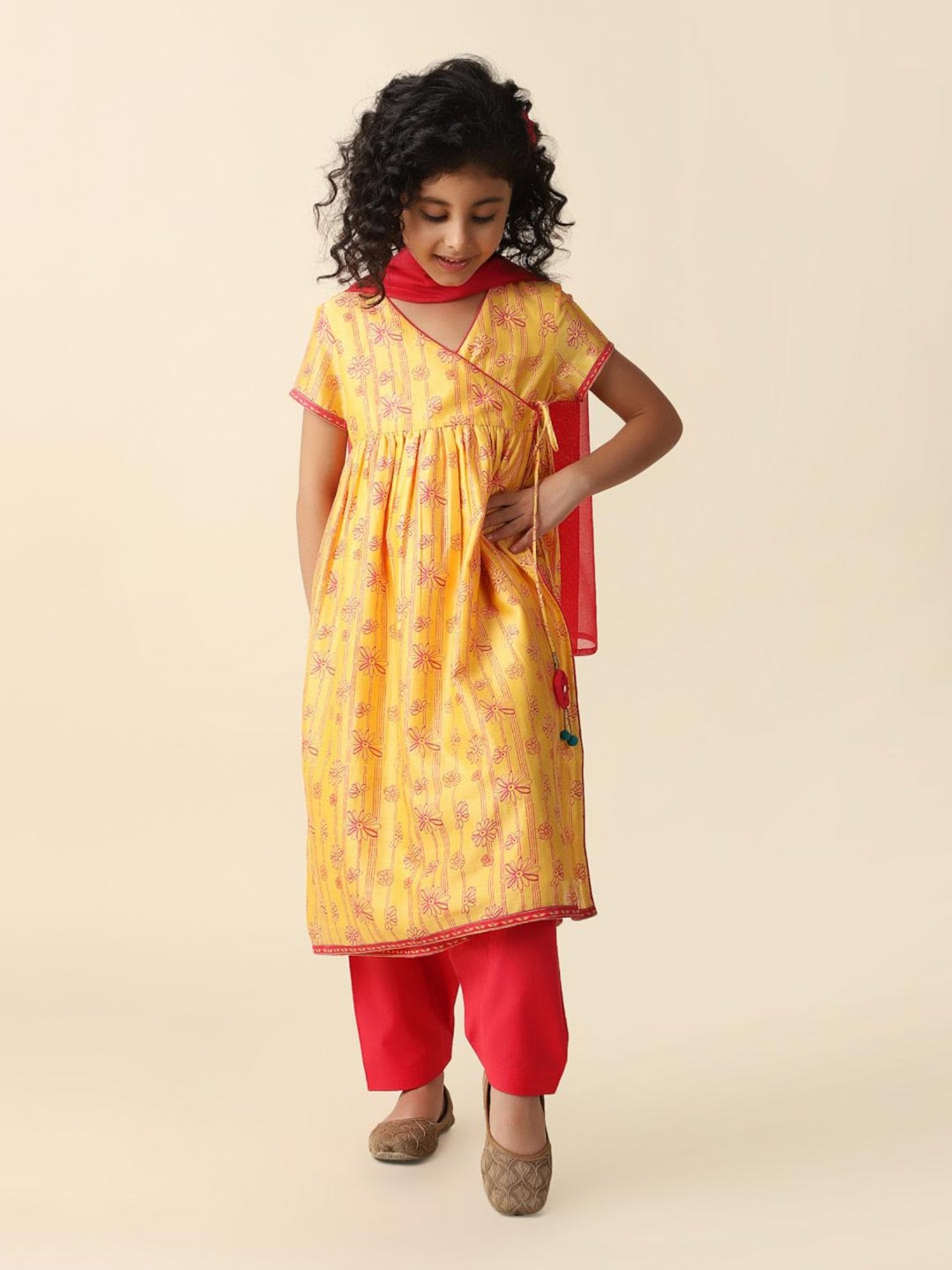 Fabindia Kids Yellow & Red Printed Kurta, Salwar with Dupatta